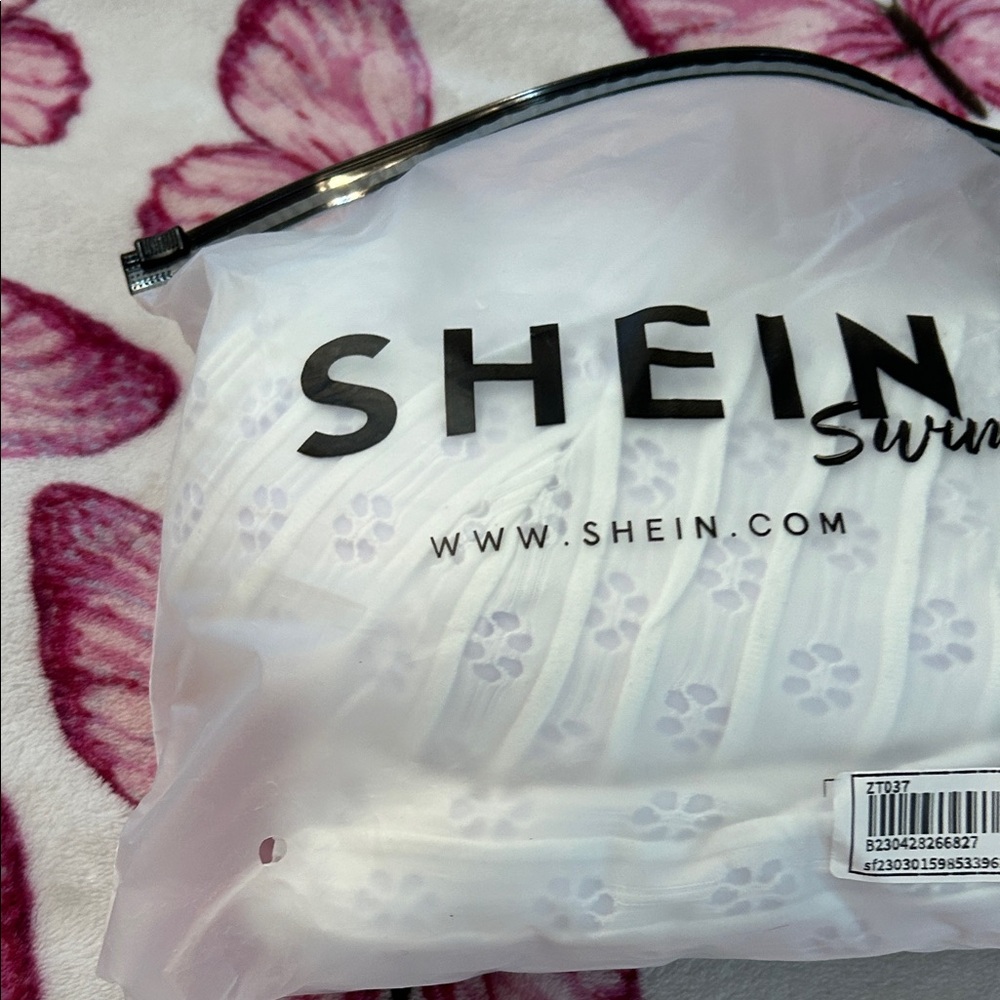 SHEIN White Swimsuit with  cot out flowers Print Design 2 piece new